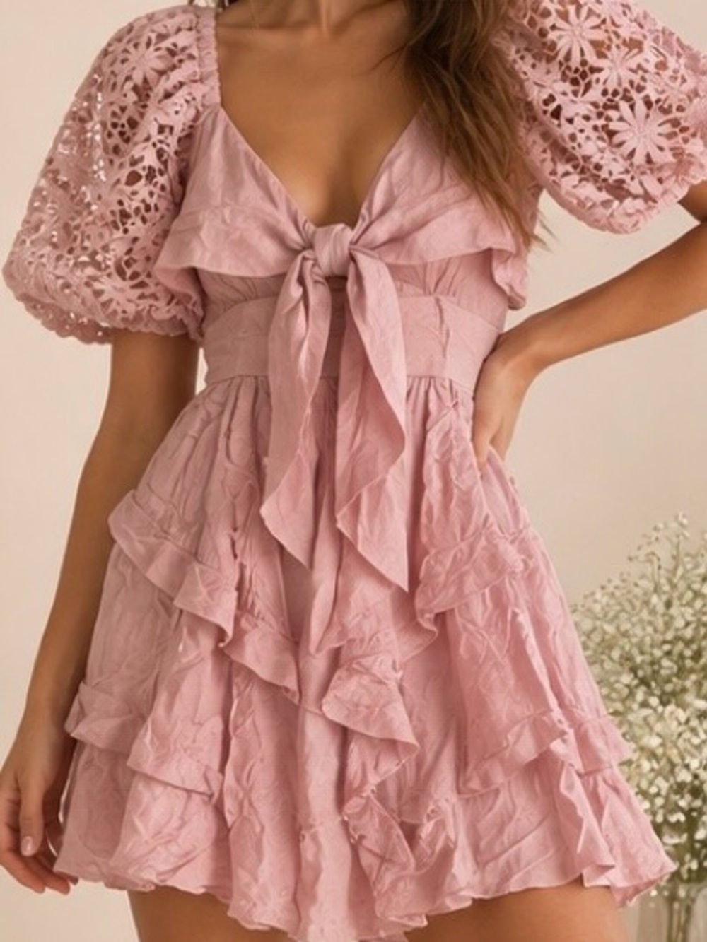 NWT Selfie Leslie Pink Lace Sleeve Ruffle Mini Dress Size XL